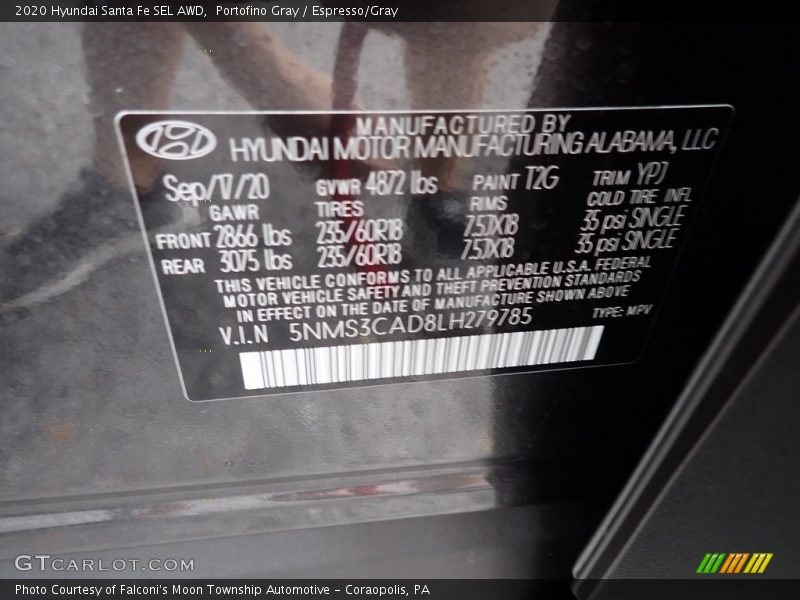 Portofino Gray / Espresso/Gray 2020 Hyundai Santa Fe SEL AWD