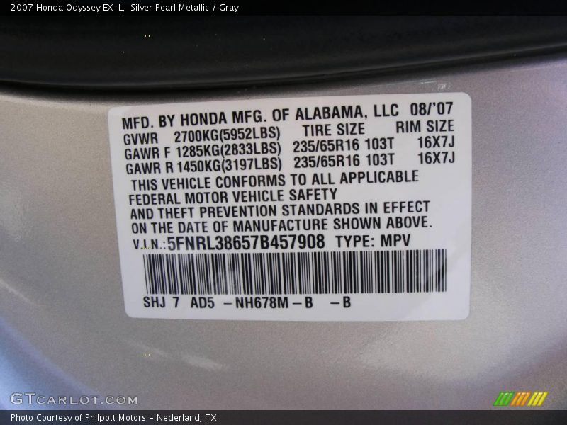 Silver Pearl Metallic / Gray 2007 Honda Odyssey EX-L