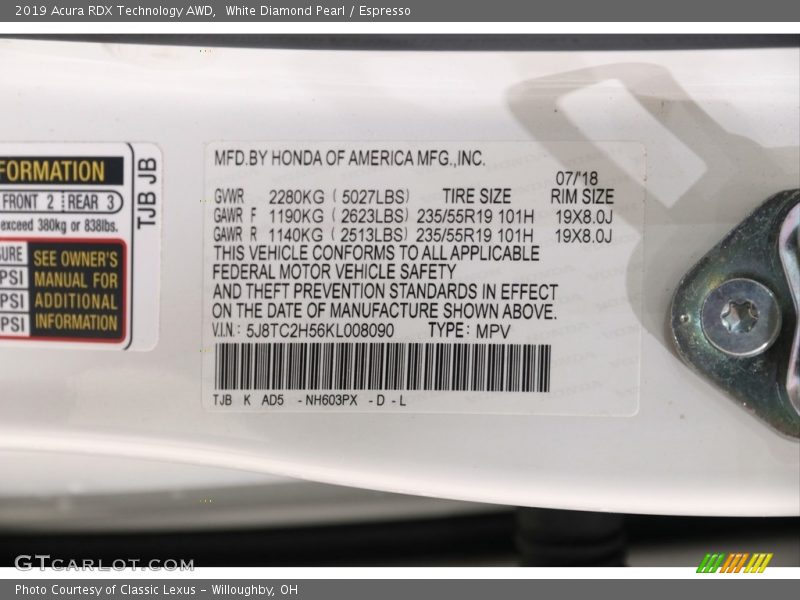 White Diamond Pearl / Espresso 2019 Acura RDX Technology AWD