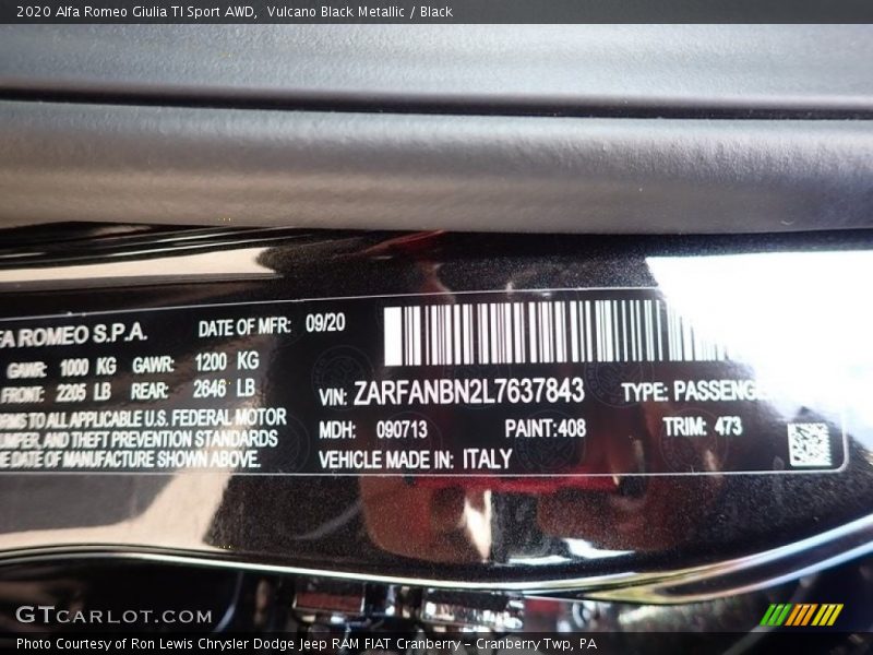 2020 Giulia TI Sport AWD Vulcano Black Metallic Color Code 408
