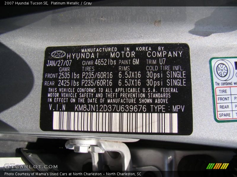 Platinum Metallic / Gray 2007 Hyundai Tucson SE