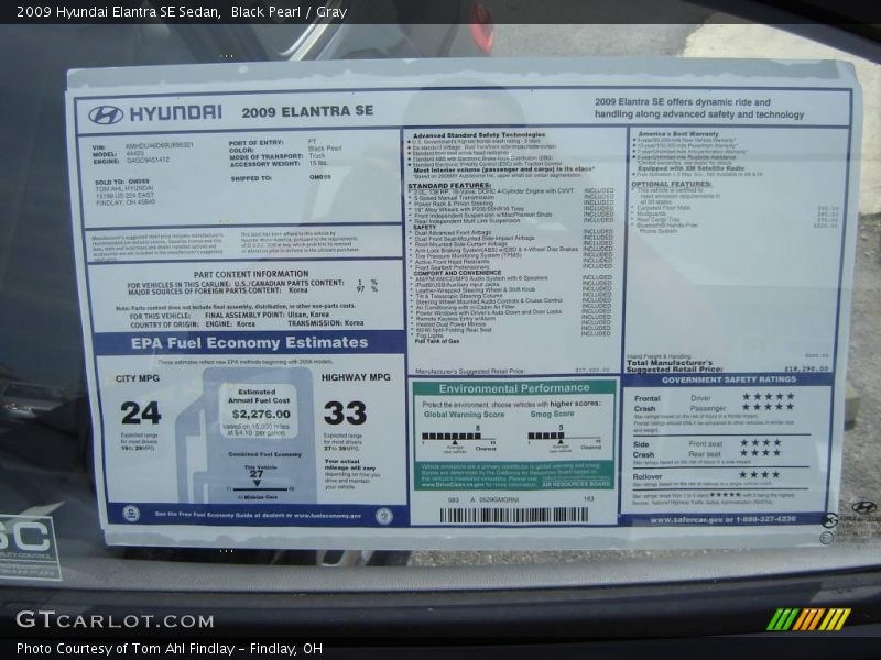 Black Pearl / Gray 2009 Hyundai Elantra SE Sedan