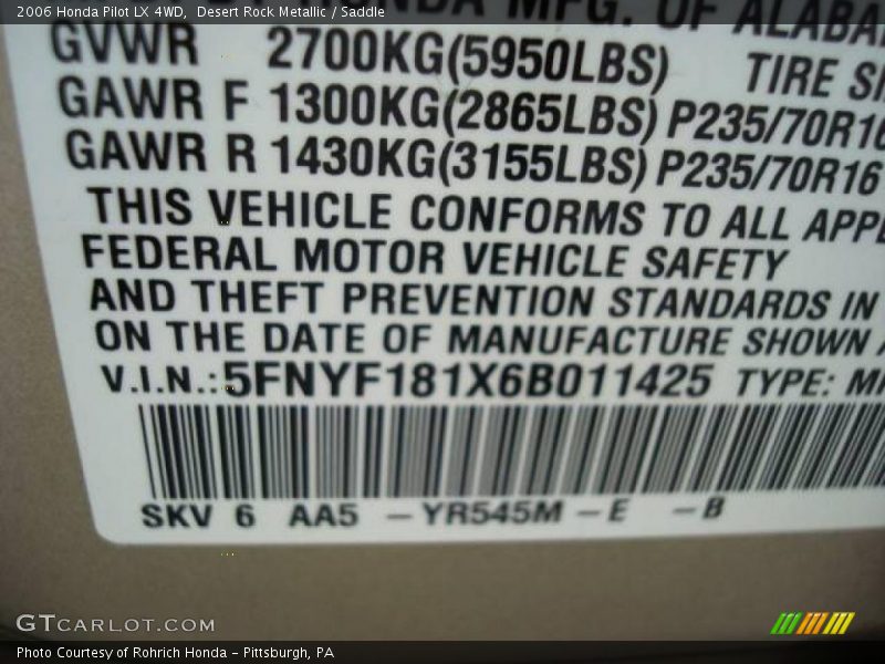 Desert Rock Metallic / Saddle 2006 Honda Pilot LX 4WD