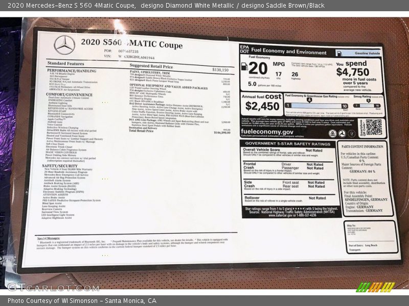  2020 S 560 4Matic Coupe Window Sticker