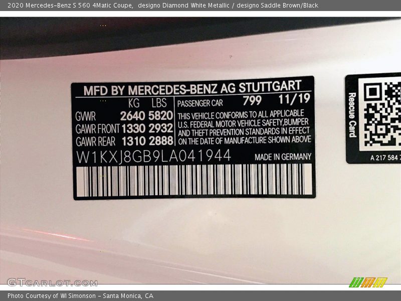 2020 S 560 4Matic Coupe designo Diamond White Metallic Color Code 799