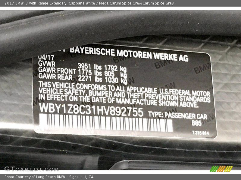Capparis White / Mega Carum Spice Grey/Carum Spice Grey 2017 BMW i3 with Range Extender