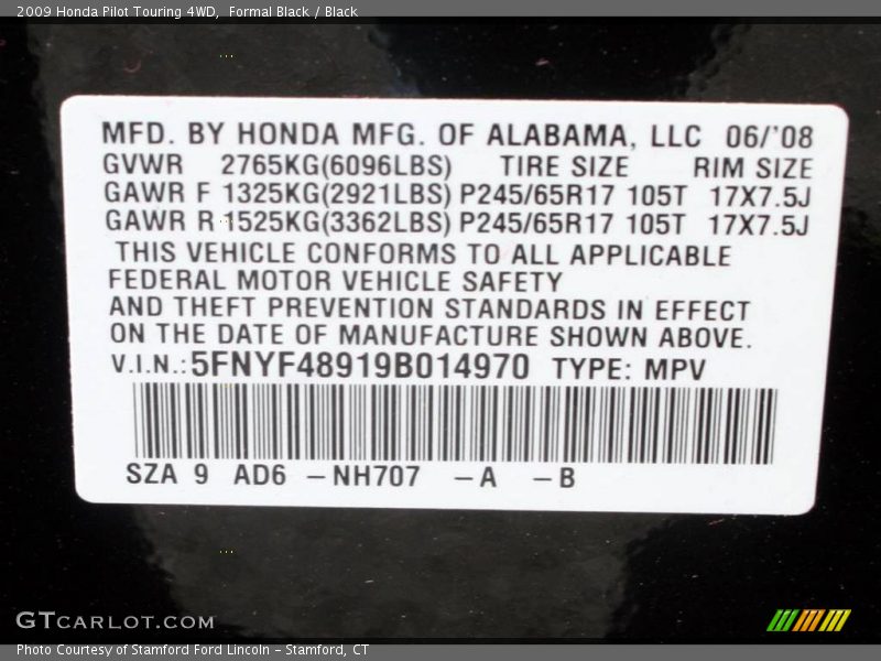 Formal Black / Black 2009 Honda Pilot Touring 4WD