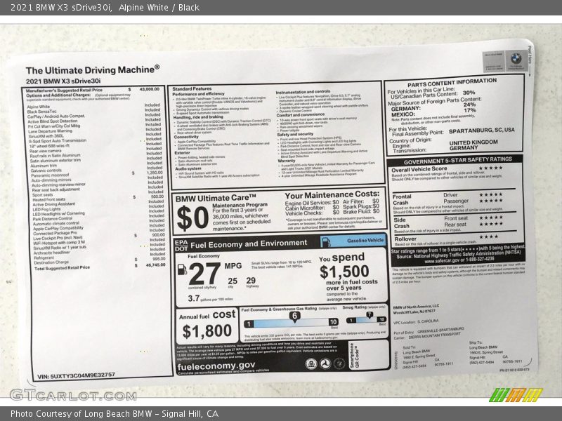 Alpine White / Black 2021 BMW X3 sDrive30i