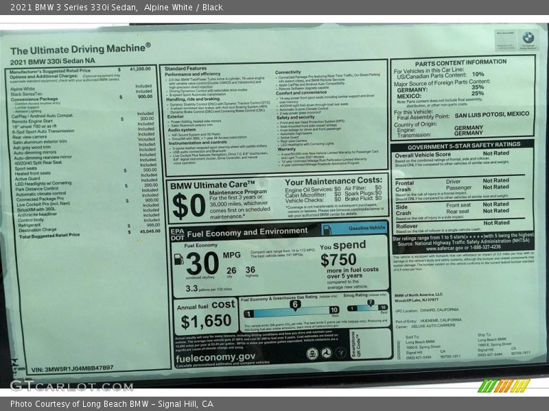  2021 3 Series 330i Sedan Window Sticker