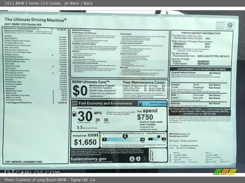  2021 3 Series 330i Sedan Window Sticker