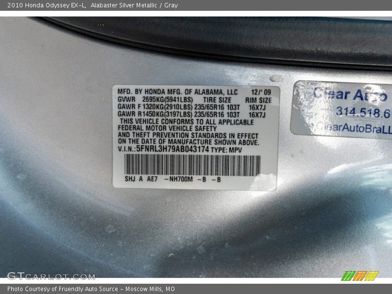Alabaster Silver Metallic / Gray 2010 Honda Odyssey EX-L