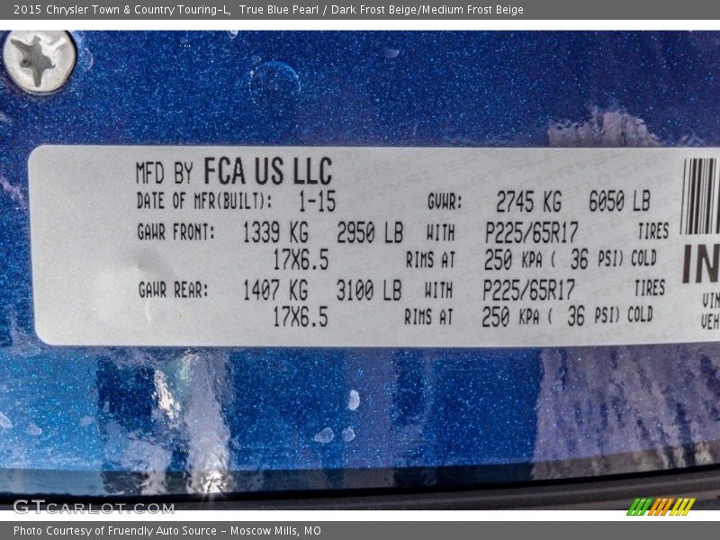 True Blue Pearl / Dark Frost Beige/Medium Frost Beige 2015 Chrysler Town & Country Touring-L