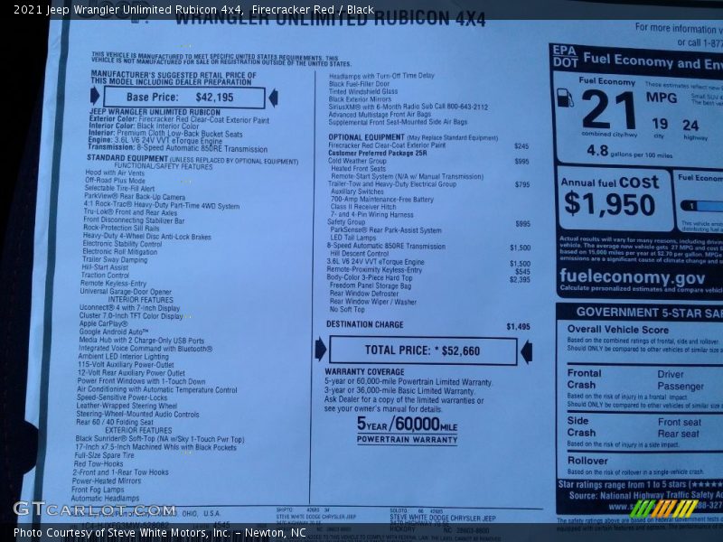  2021 Wrangler Unlimited Rubicon 4x4 Window Sticker