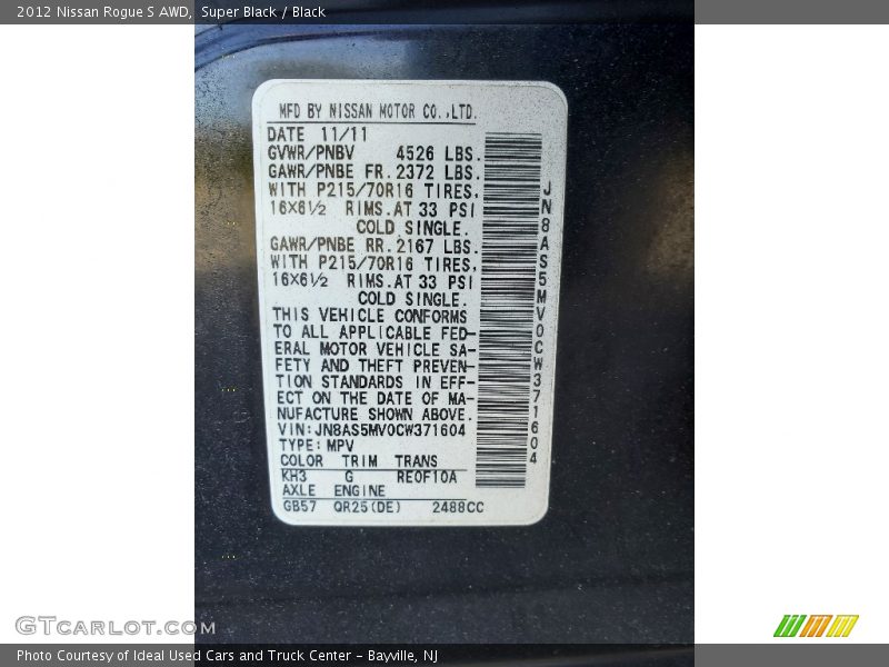 Super Black / Black 2012 Nissan Rogue S AWD