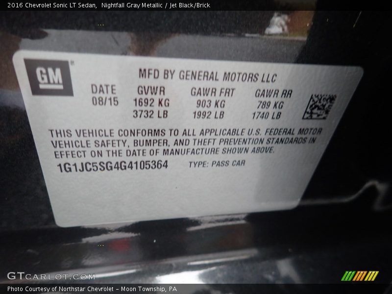 Nightfall Gray Metallic / Jet Black/Brick 2016 Chevrolet Sonic LT Sedan