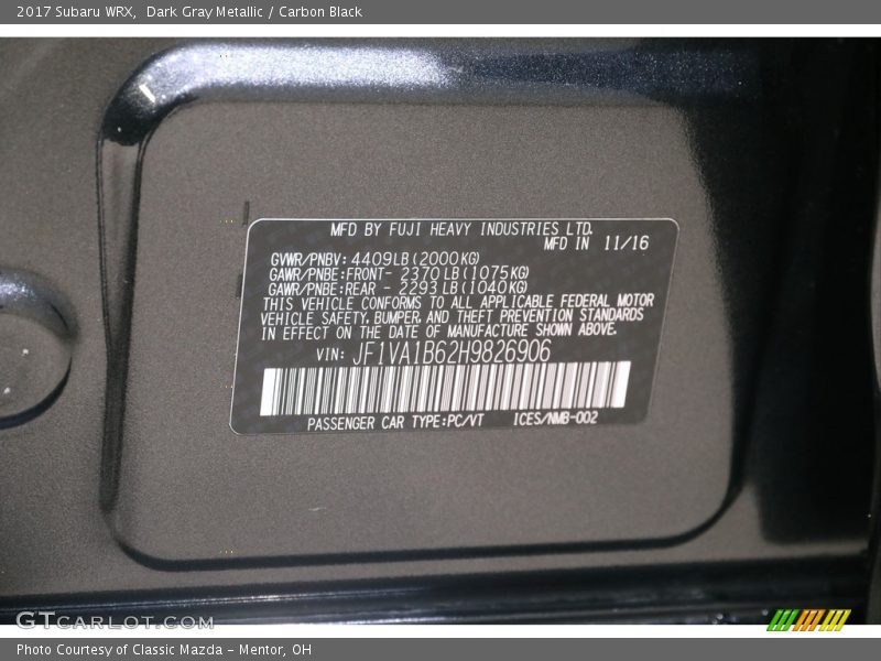Dark Gray Metallic / Carbon Black 2017 Subaru WRX