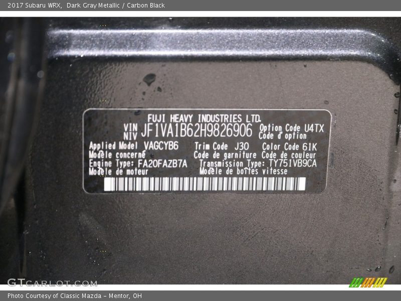 Dark Gray Metallic / Carbon Black 2017 Subaru WRX