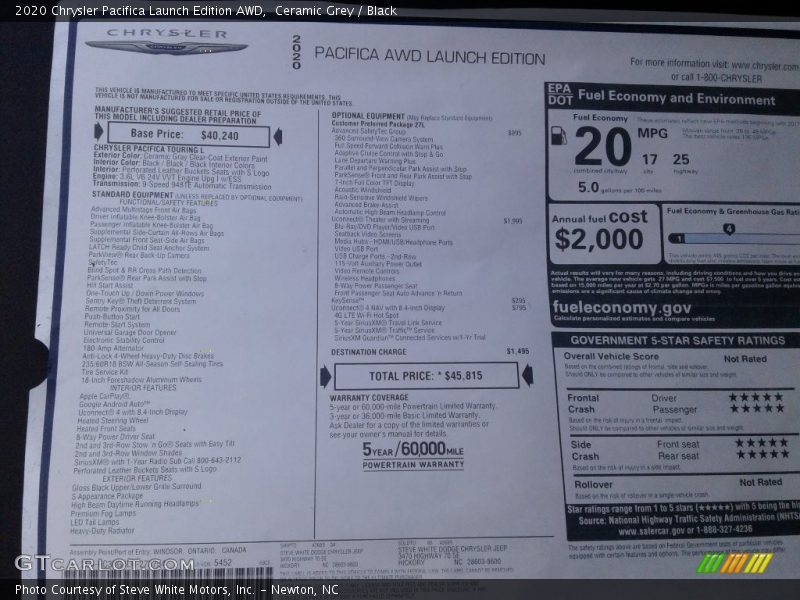 Ceramic Grey / Black 2020 Chrysler Pacifica Launch Edition AWD