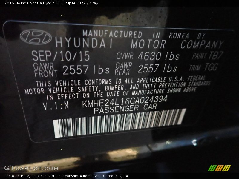 Eclipse Black / Gray 2016 Hyundai Sonata Hybrid SE