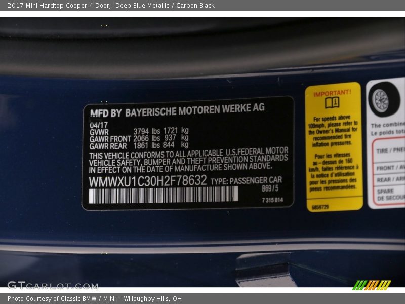 Deep Blue Metallic / Carbon Black 2017 Mini Hardtop Cooper 4 Door