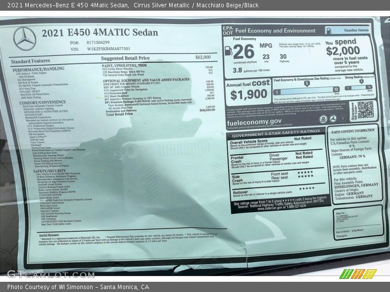  2021 E 450 4Matic Sedan Window Sticker