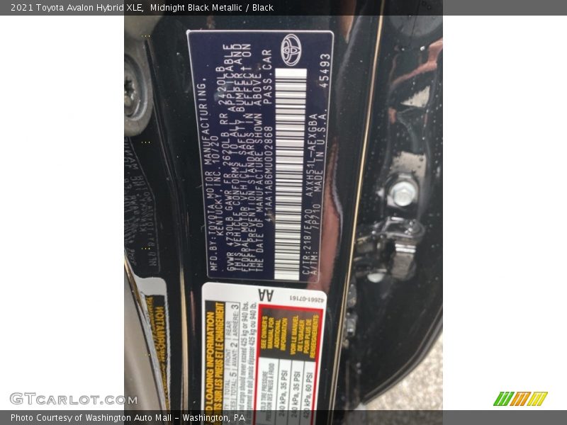 2021 Avalon Hybrid XLE Midnight Black Metallic Color Code 218