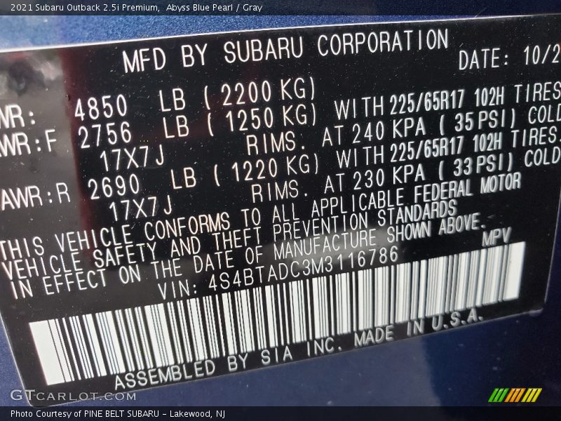 Abyss Blue Pearl / Gray 2021 Subaru Outback 2.5i Premium
