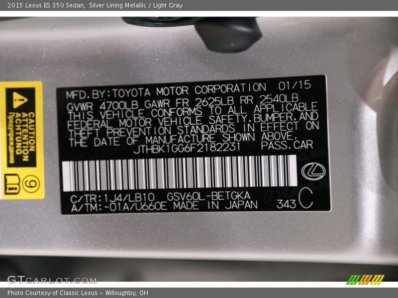Silver Lining Metallic / Light Gray 2015 Lexus ES 350 Sedan
