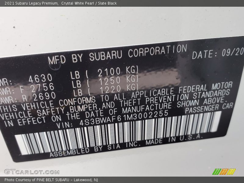 Crystal White Pearl / Slate Black 2021 Subaru Legacy Premium