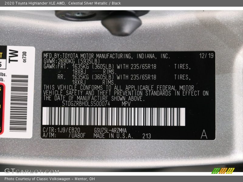 2020 Highlander XLE AWD Celestial Silver Metallic Color Code 1J9