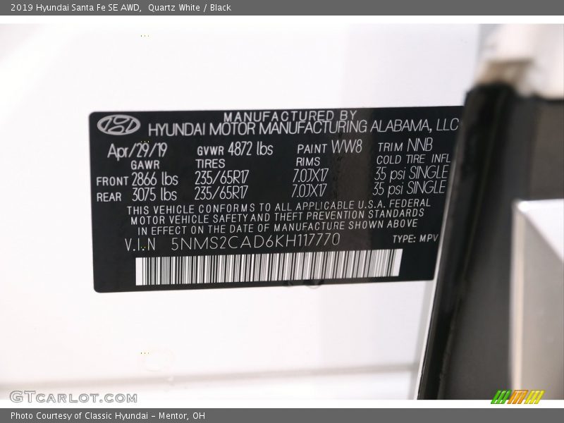 Quartz White / Black 2019 Hyundai Santa Fe SE AWD