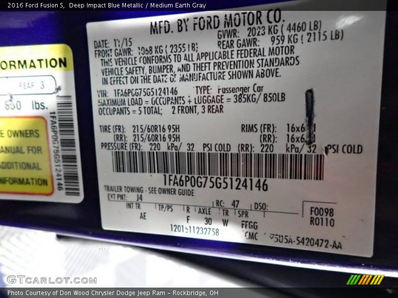 Deep Impact Blue Metallic / Medium Earth Gray 2016 Ford Fusion S