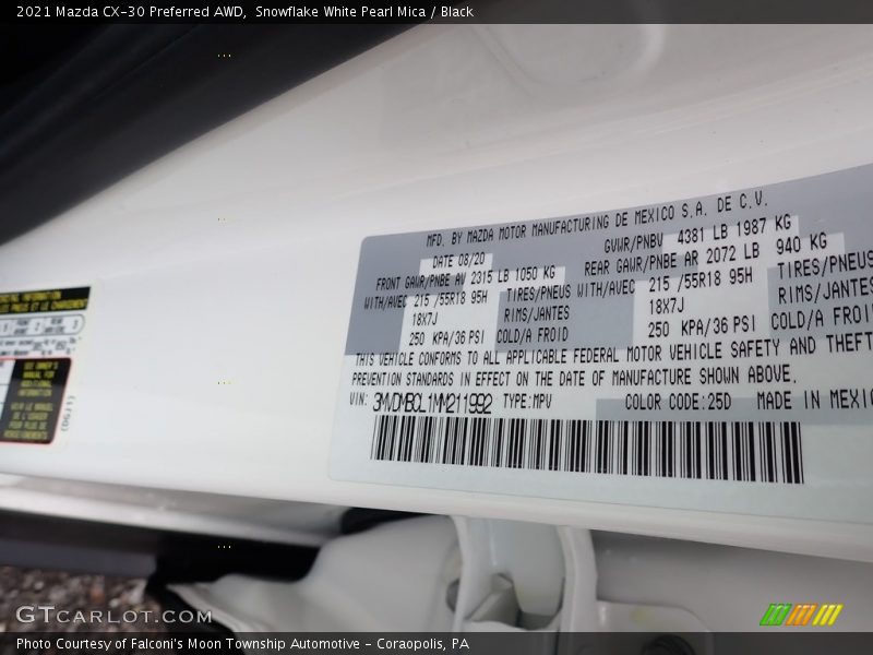 2021 CX-30 Preferred AWD Snowflake White Pearl Mica Color Code 25D