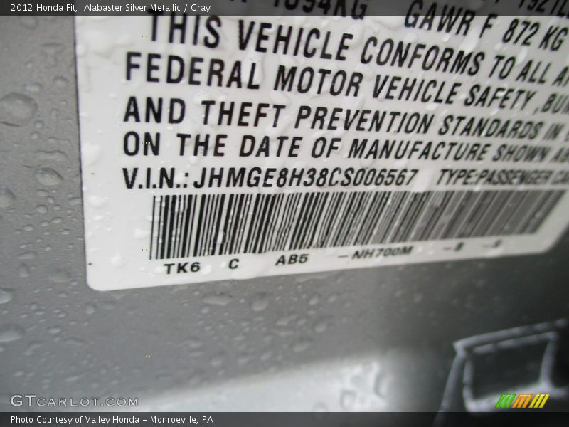 Alabaster Silver Metallic / Gray 2012 Honda Fit