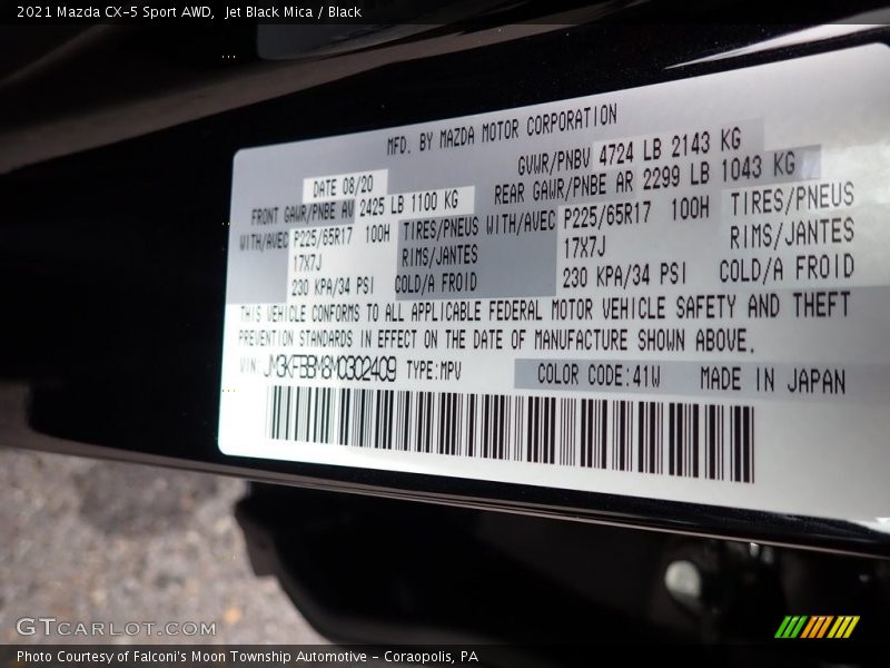 2021 CX-5 Sport AWD Jet Black Mica Color Code 41W