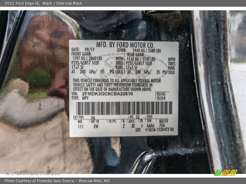 Black / Charcoal Black 2012 Ford Edge SE