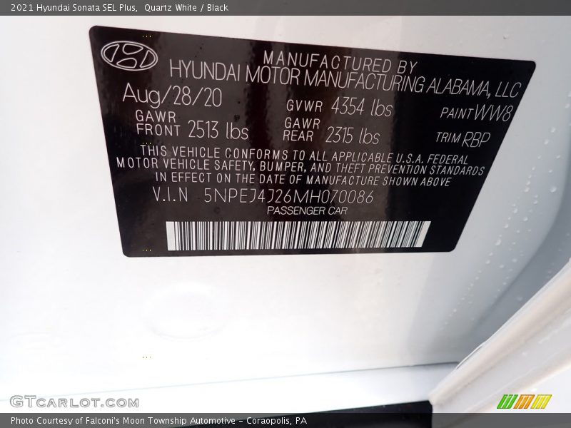 Quartz White / Black 2021 Hyundai Sonata SEL Plus