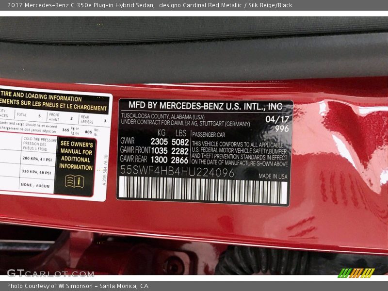 2017 C 350e Plug-in Hybrid Sedan designo Cardinal Red Metallic Color Code 996