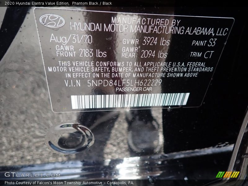 Phantom Black / Black 2020 Hyundai Elantra Value Edition