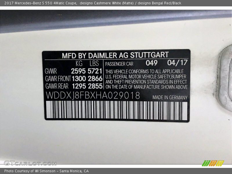 2017 S 550 4Matic Coupe designo Cashmere White (Matte) Color Code 049