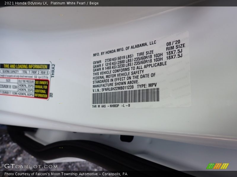 Platinum White Pearl / Beige 2021 Honda Odyssey LX