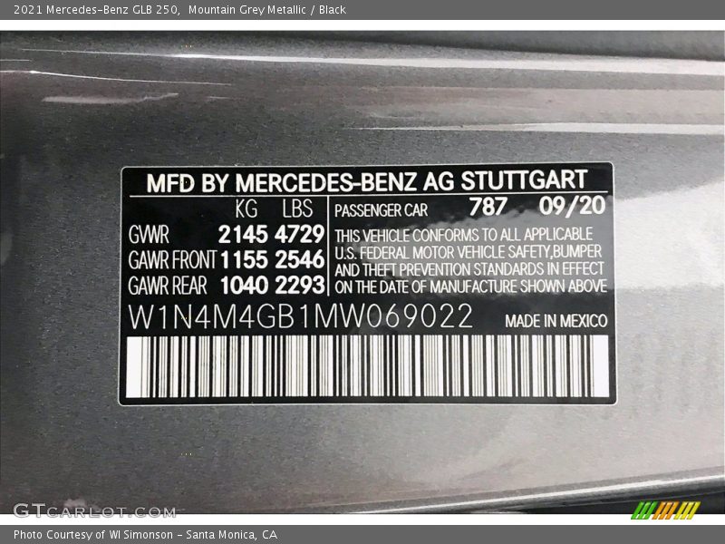 2021 GLB 250 Mountain Grey Metallic Color Code 787