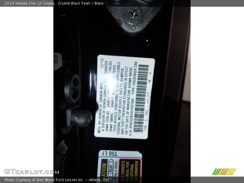 Crystal Black Pearl / Black 2014 Honda Civic LX Coupe