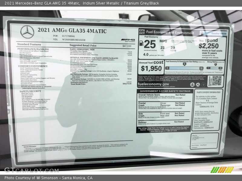  2021 GLA AMG 35 4Matic Window Sticker