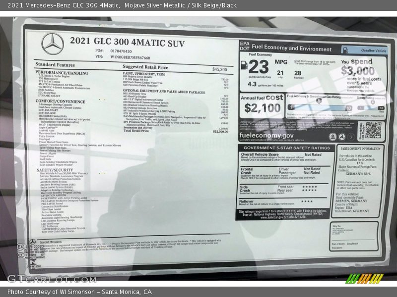  2021 GLC 300 4Matic Window Sticker