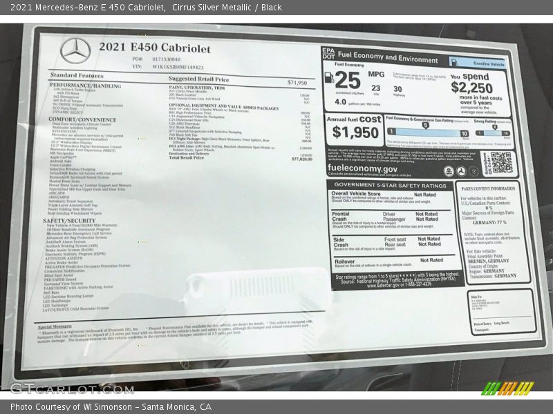  2021 E 450 Cabriolet Window Sticker