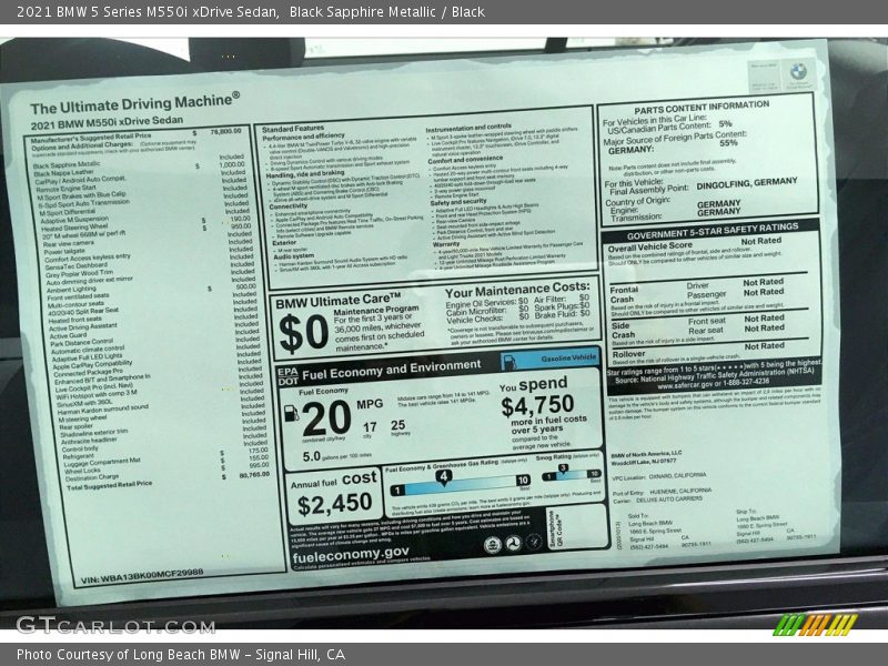  2021 5 Series M550i xDrive Sedan Window Sticker
