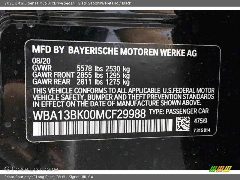 2021 5 Series M550i xDrive Sedan Black Sapphire Metallic Color Code 475