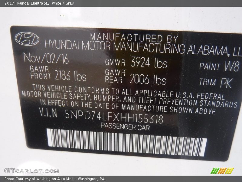 White / Gray 2017 Hyundai Elantra SE