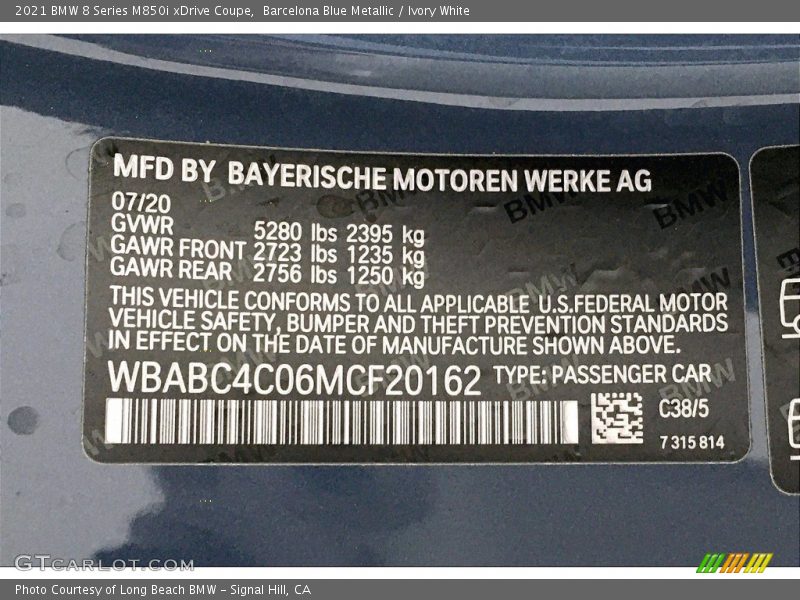 2021 8 Series M850i xDrive Coupe Barcelona Blue Metallic Color Code C38